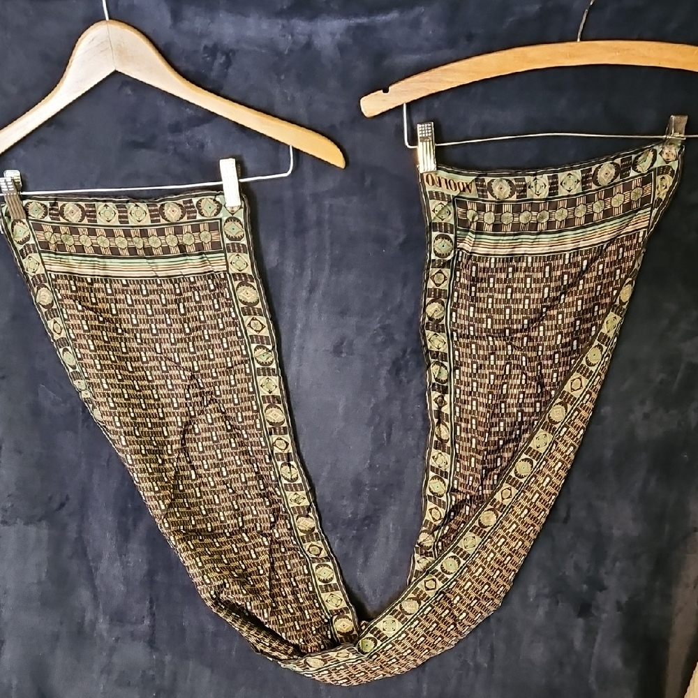 Vintage Adolfo Brown and Green Patterned Silk Scarf